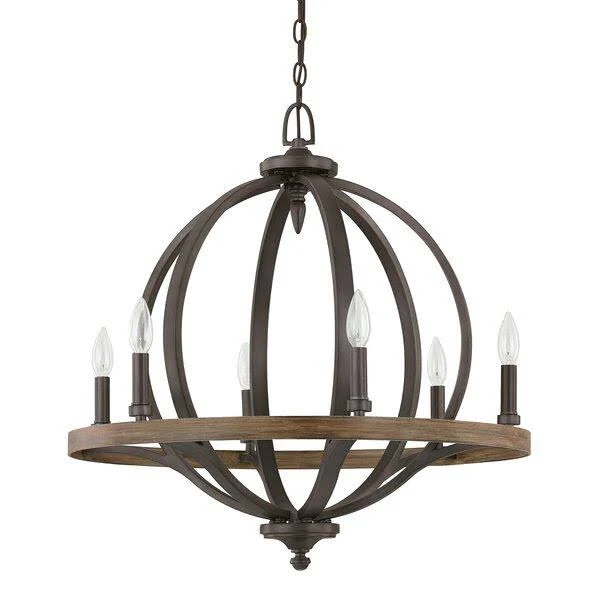 Bender 6 - Light Candle Style Wagon Wheel Chandelier with Wood Accents - Polished Nickel