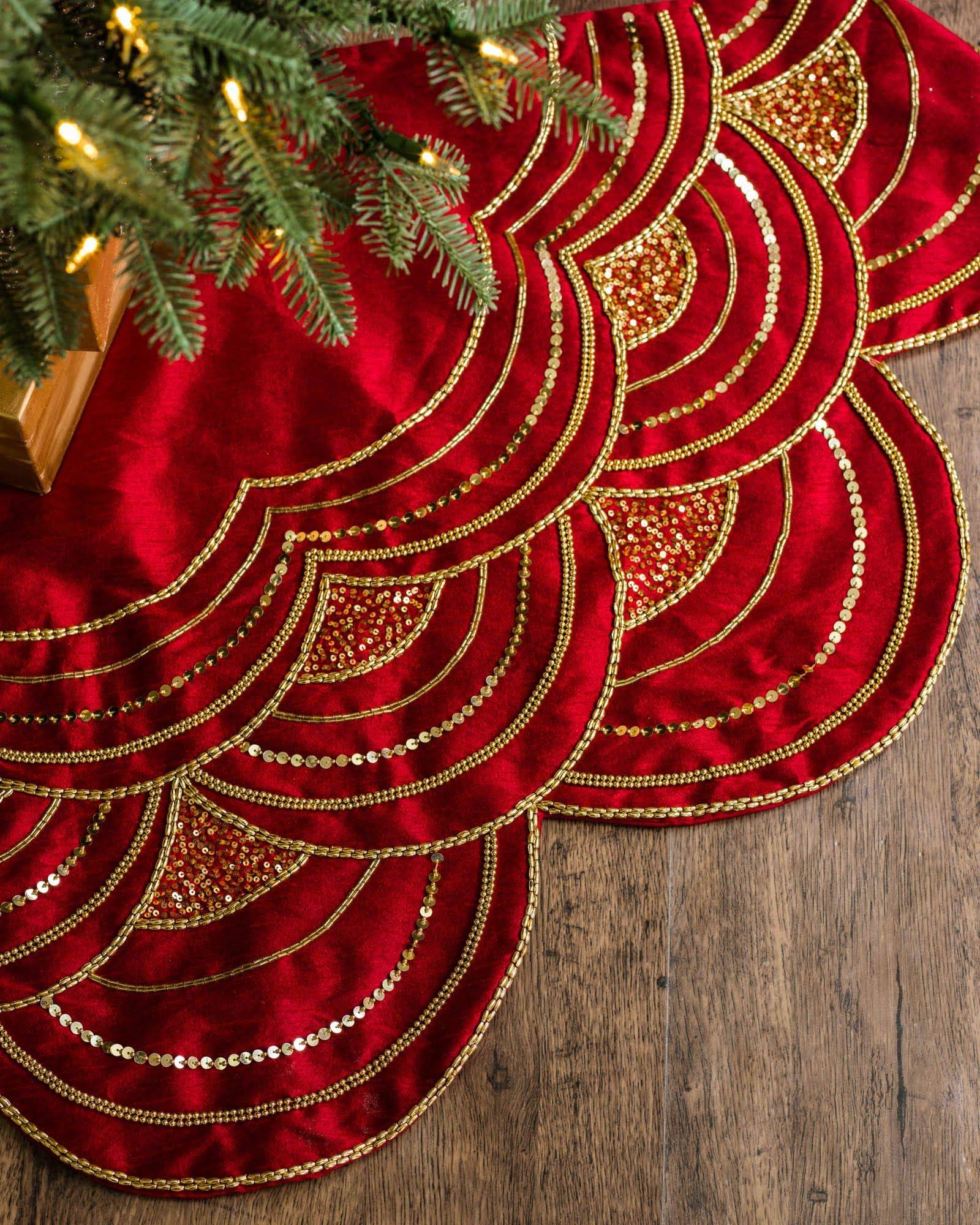 Balsam Hill Elizabeth Beaded Tree Skirt, 60 Inches, Cranberry Red