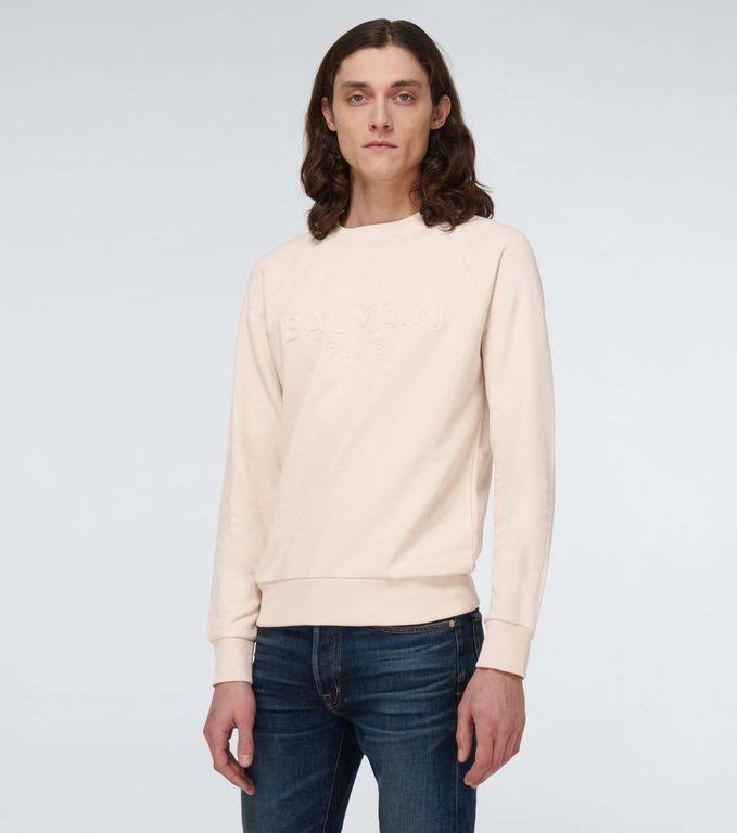 Balmain Men, Logo Embossed Cotton Sweatshirt, Beige, XXL, Clothing