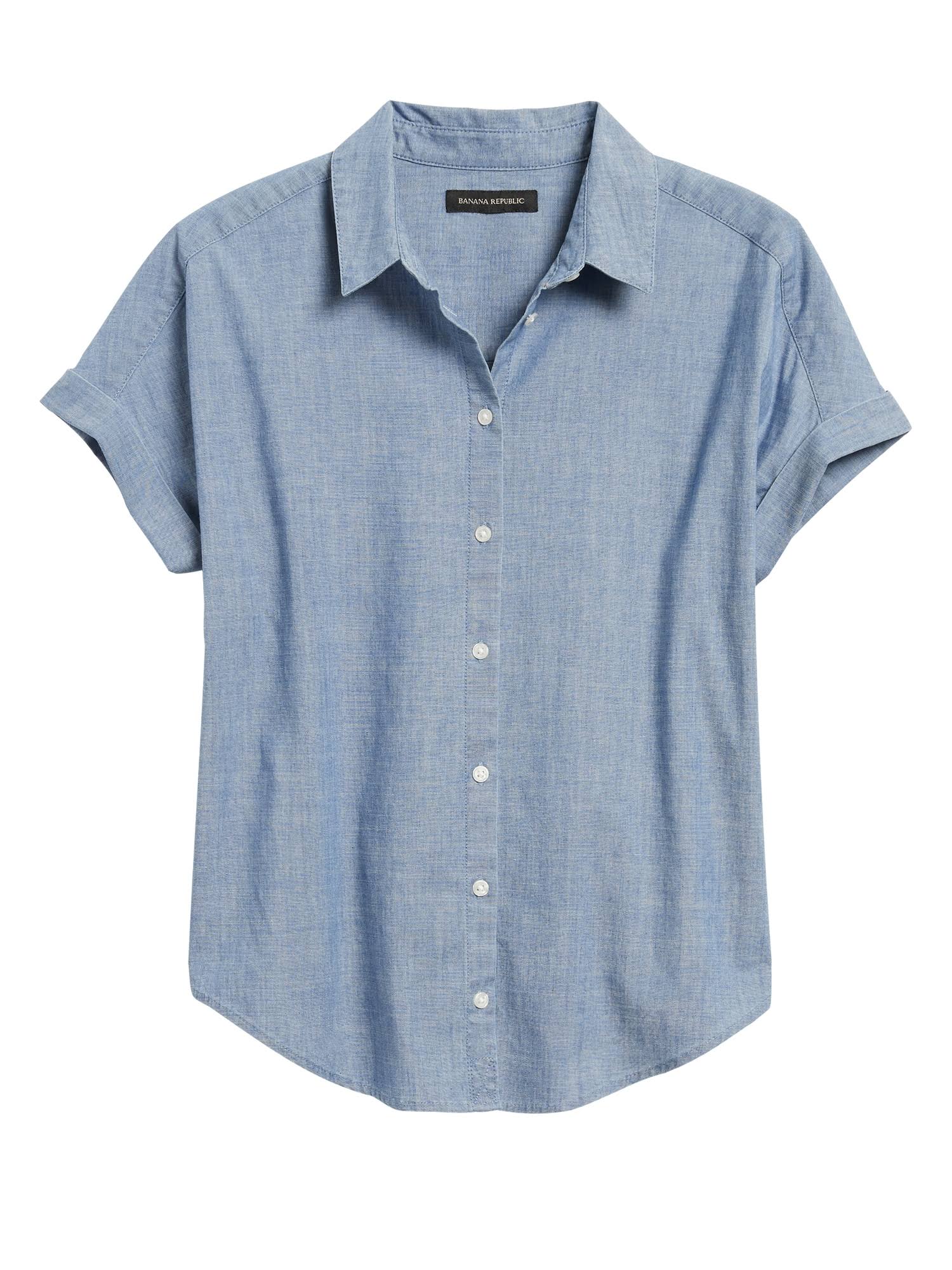 Banana Republic Women's Chambray Roll-Cuff Shirt Cerulean Blue Size L
