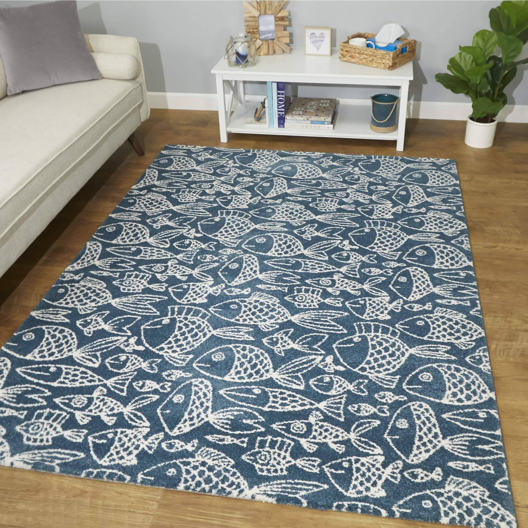 BALTA Cousteau Blue 5 ft. x 7 ft. Coastal Fish Area Rug