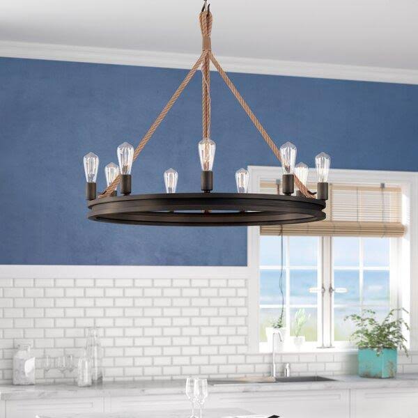 Longfellow 9 - Light Candle Style Wagon Wheel Chandelier with Rope Accents Finish: Gray Driftwood