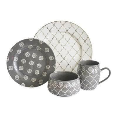 Moroccan 16 Piece Dinnerware Set, Service for 4 Color: Gray