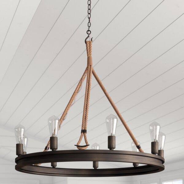 Longfellow 9 - Light Candle Style Wagon Wheel Chandelier with Rope Accents Finish: Gray Driftwood