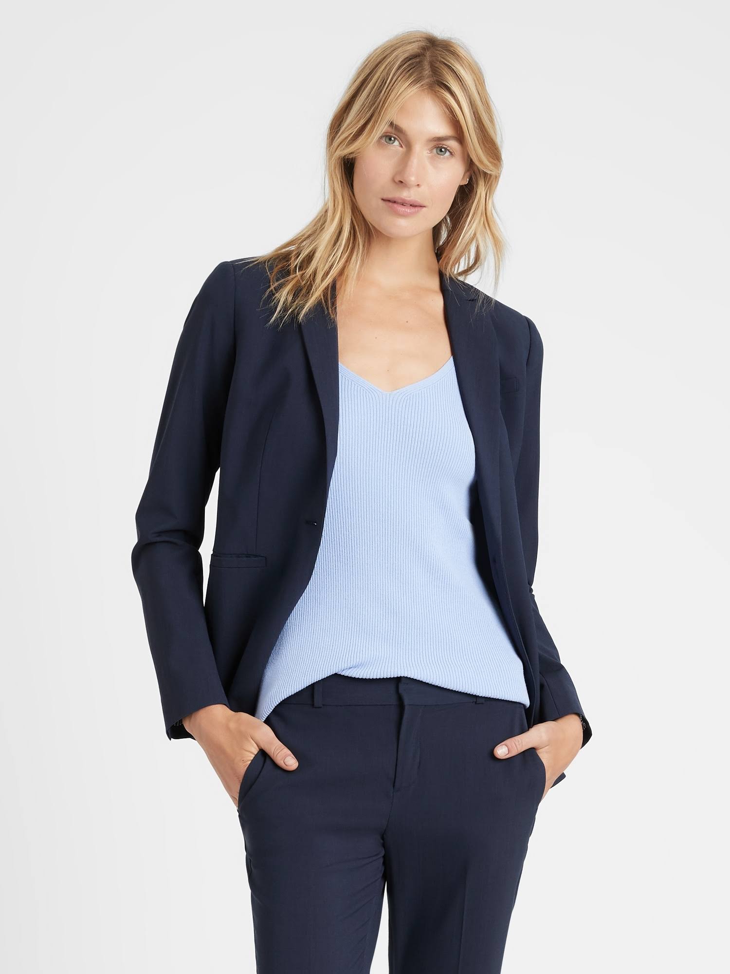 Banana Republic Women's Long & Lean-Fit Washable Wool-Blend Blazer Navy Blue Size 0
