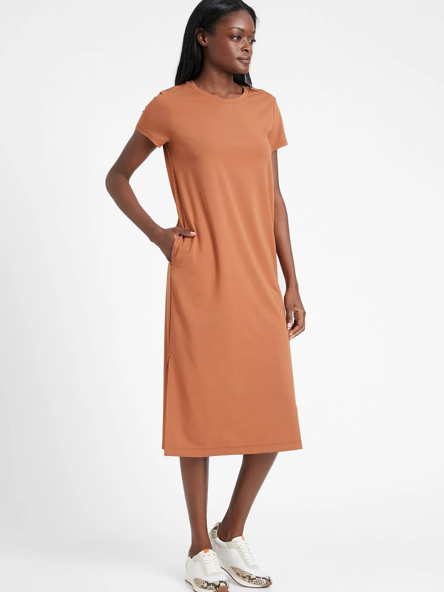 Banana Republic Women's T-Shirt Dress with Side Slits Terracotta Size Xs
