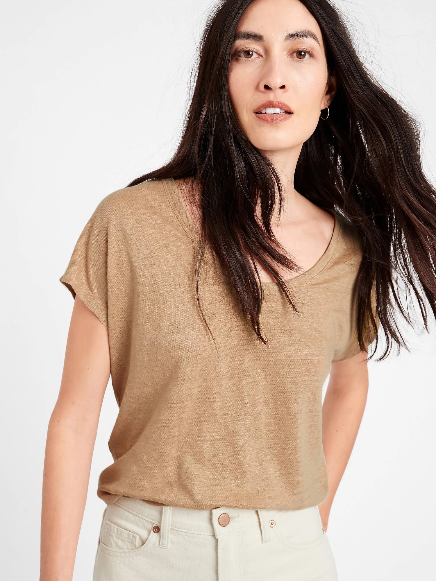 Banana Republic Women's Linen Scoop-Neck T-Shirt Cool Beige Size XL