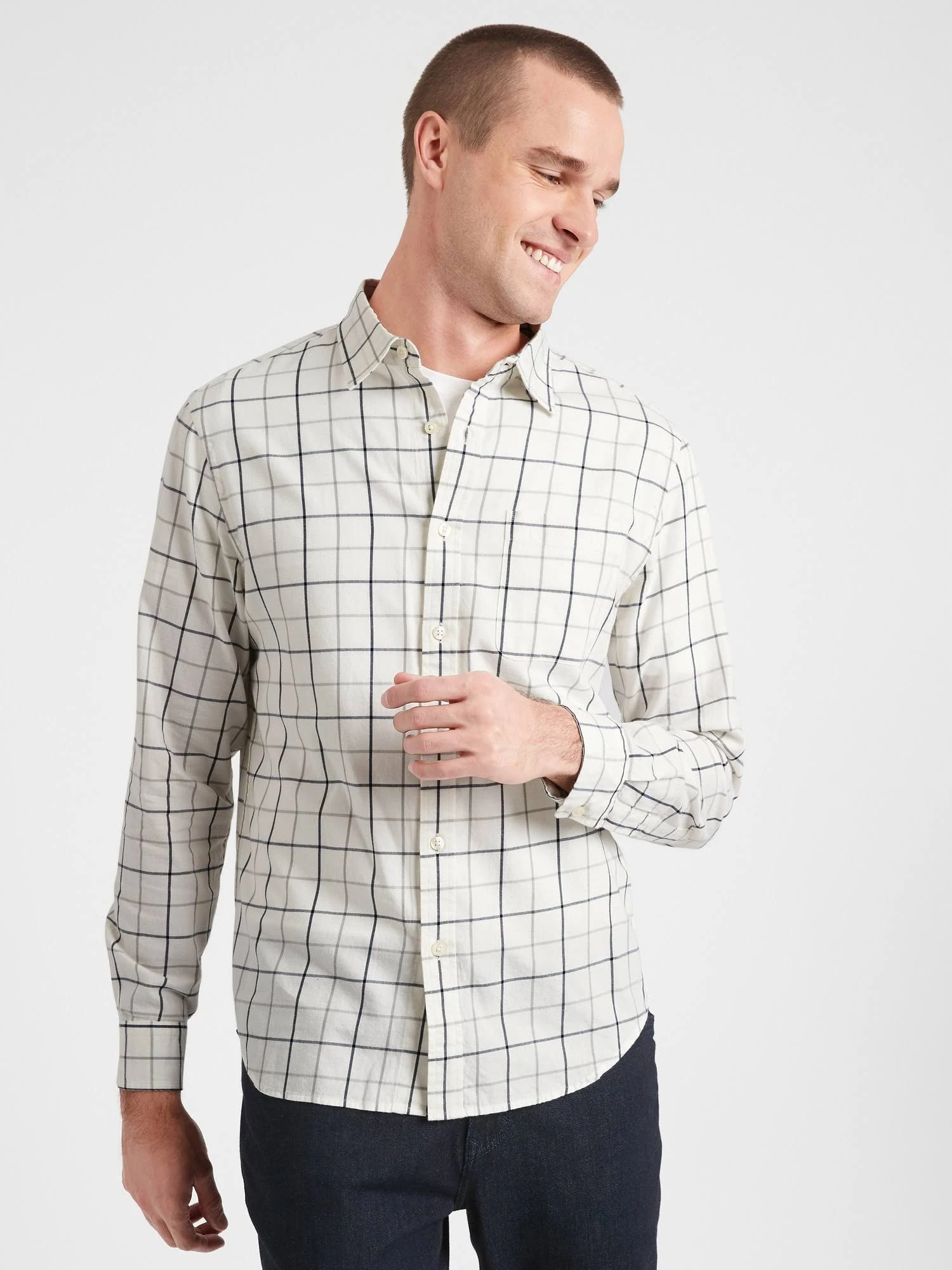 Men's Slim-Fit Untucked Flannel Shirt White Plaid