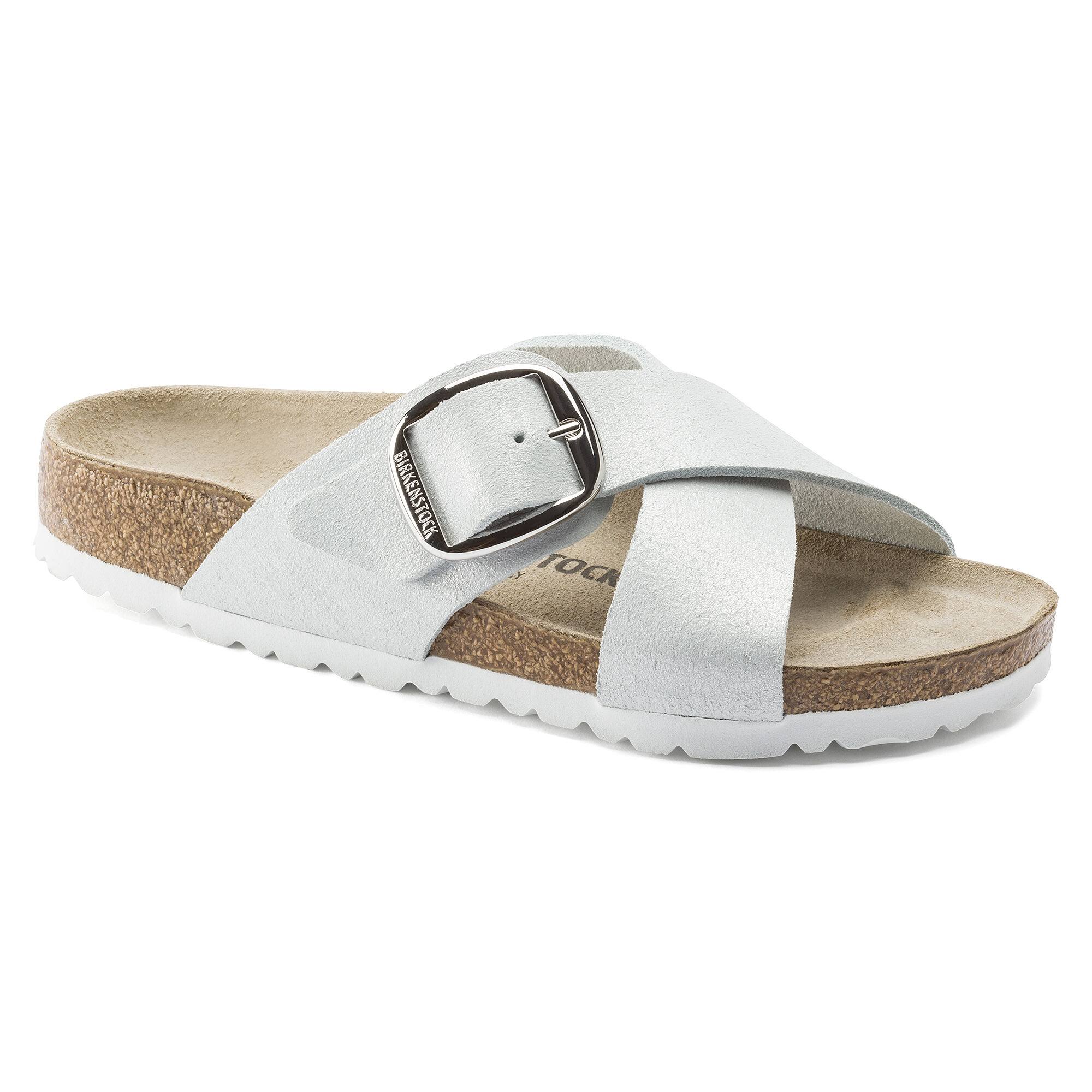 Birkenstock Siena Suede Leather Washed Metallic White One-Strap Sandals