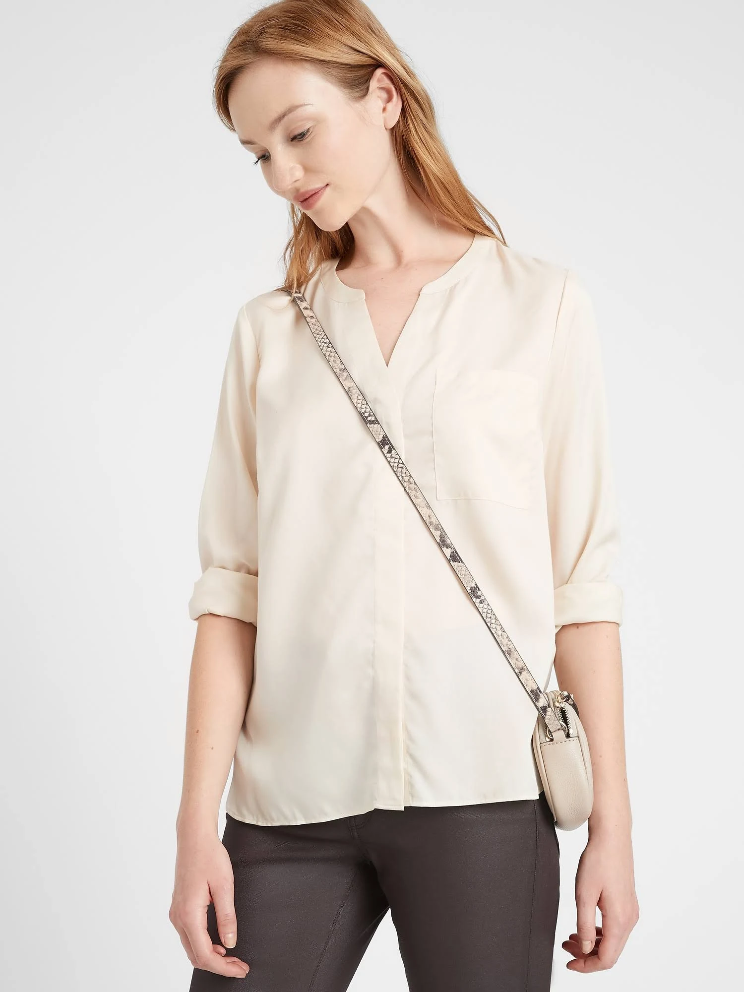 Banana Republic Women's Banded Collar Shirt Light Almond Beige Tall Size XL