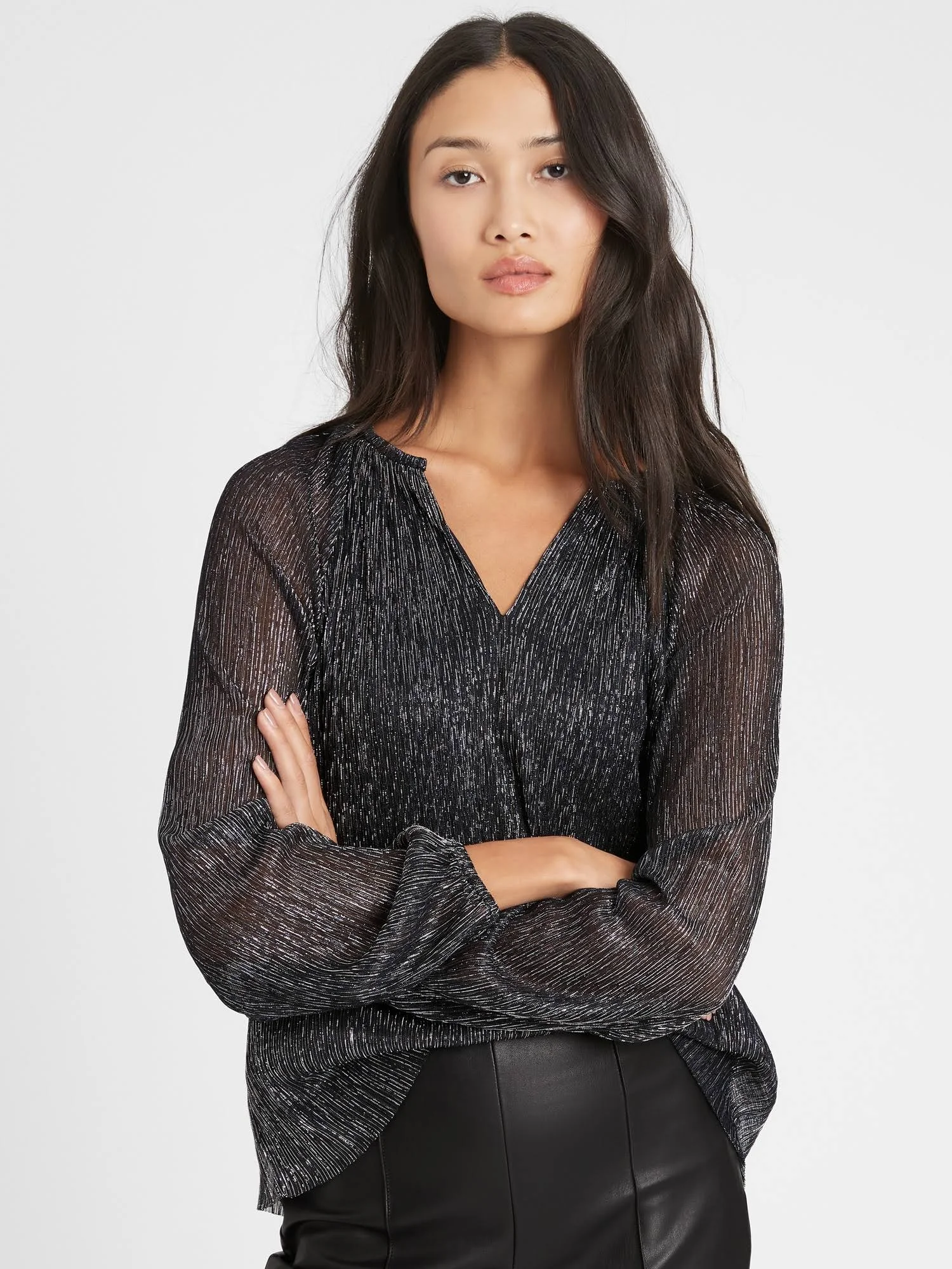 Banana Republic Women's Metallic Balloon-Sleeve Top Gunmetal & Black Size Xs