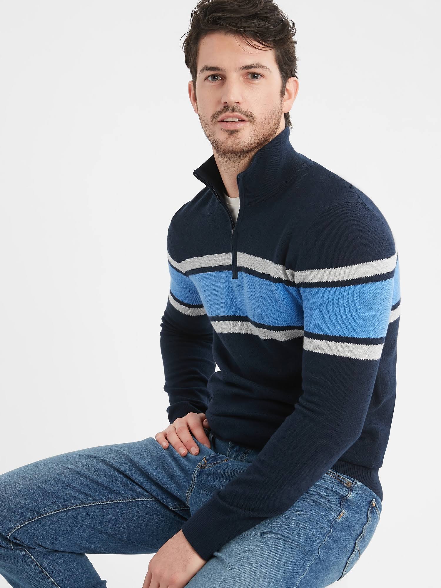 Men's ? Mock-Neck Pullover Sweater Preppy Navy