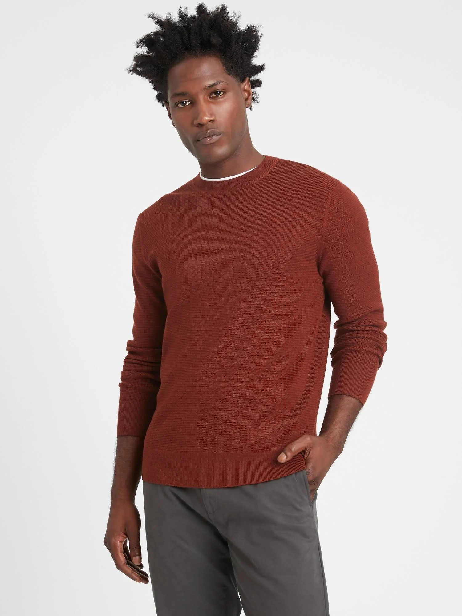 Banana Republic Men's Italian Merino Waffle-Knit Sweater Dark Spiced Rum Size S