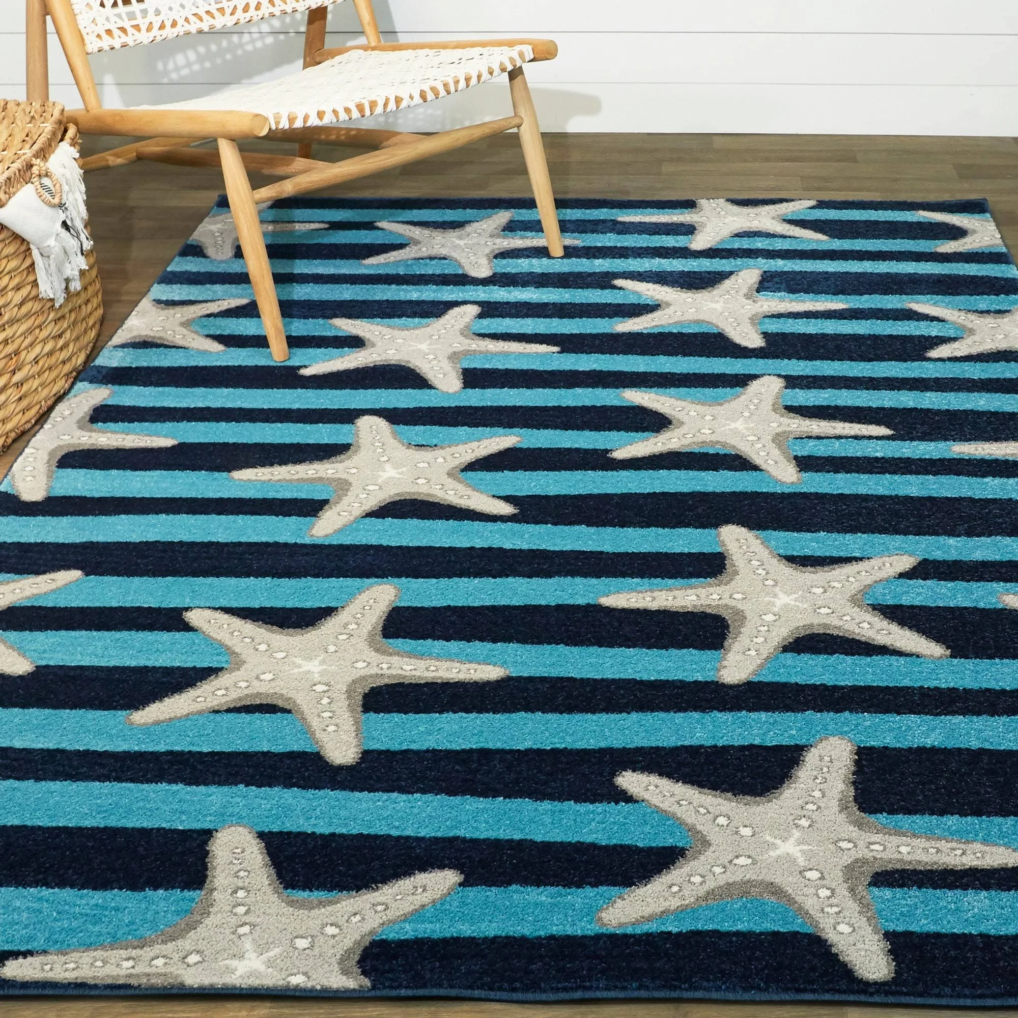 Balta Sereia Starfish Print Striped Teal/Navy 8 ft. x 10 ft. Area Rug