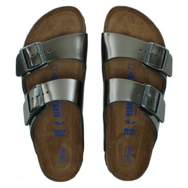 Birkenstock Arizona Leather Soft Footbed Narrow Sandals - Metallic Anthracite