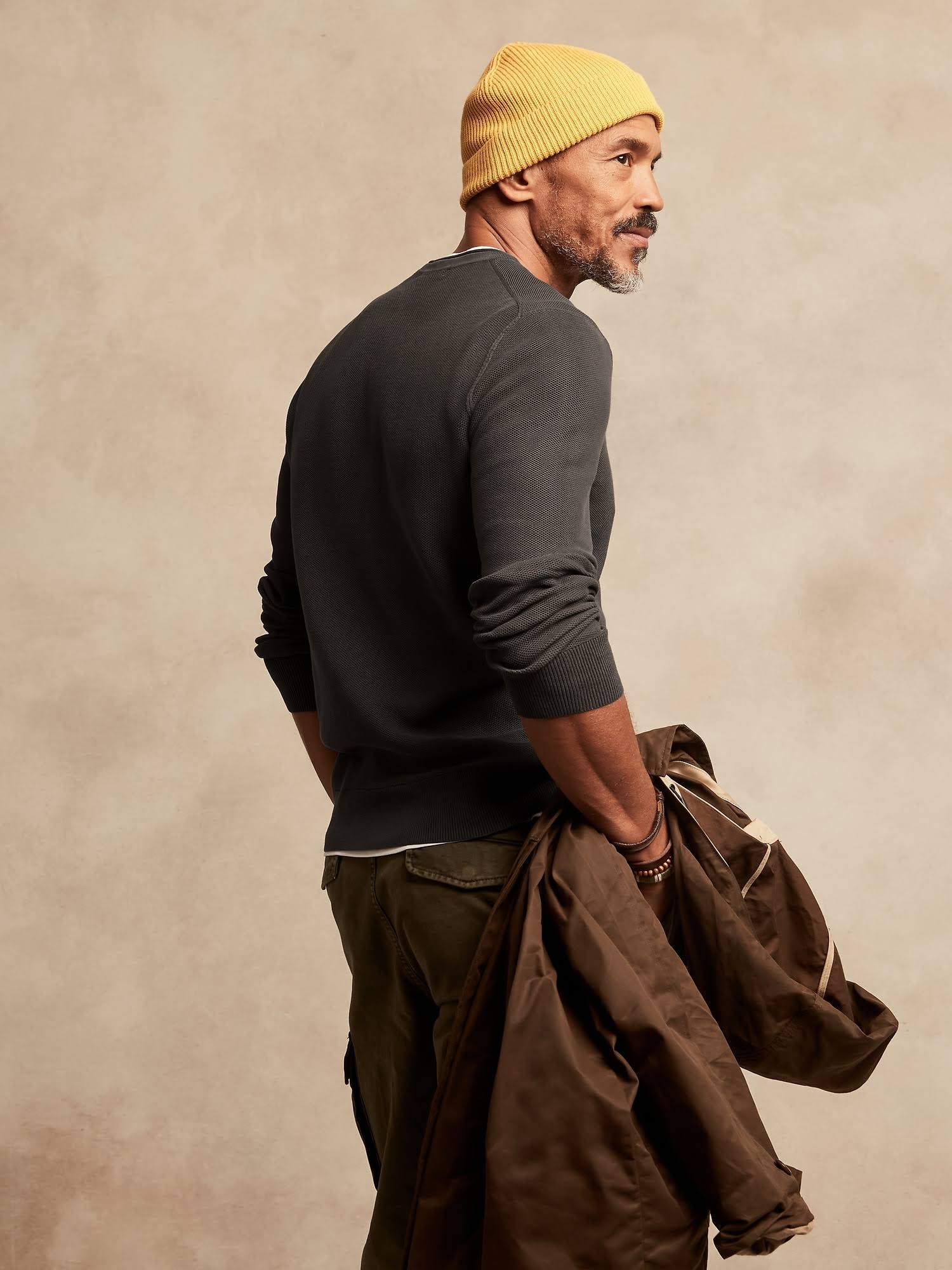 Banana Republic Men's Cotton Waffle-Knit Sweater Dark Charcoal Size S