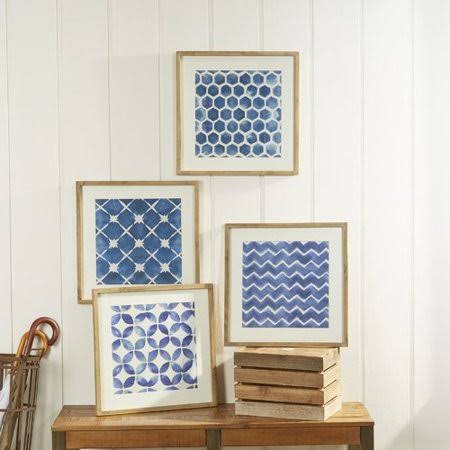 &Blue Geometric& 4 Piece Picture Frame Print Set on Wood