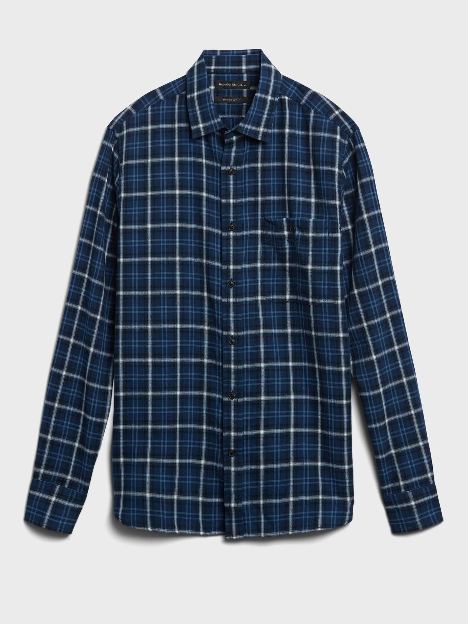 Banana Republic Men's Untucked Slim-Fit Crinkle Flannel Shirt Navy Plaid Tall Size L