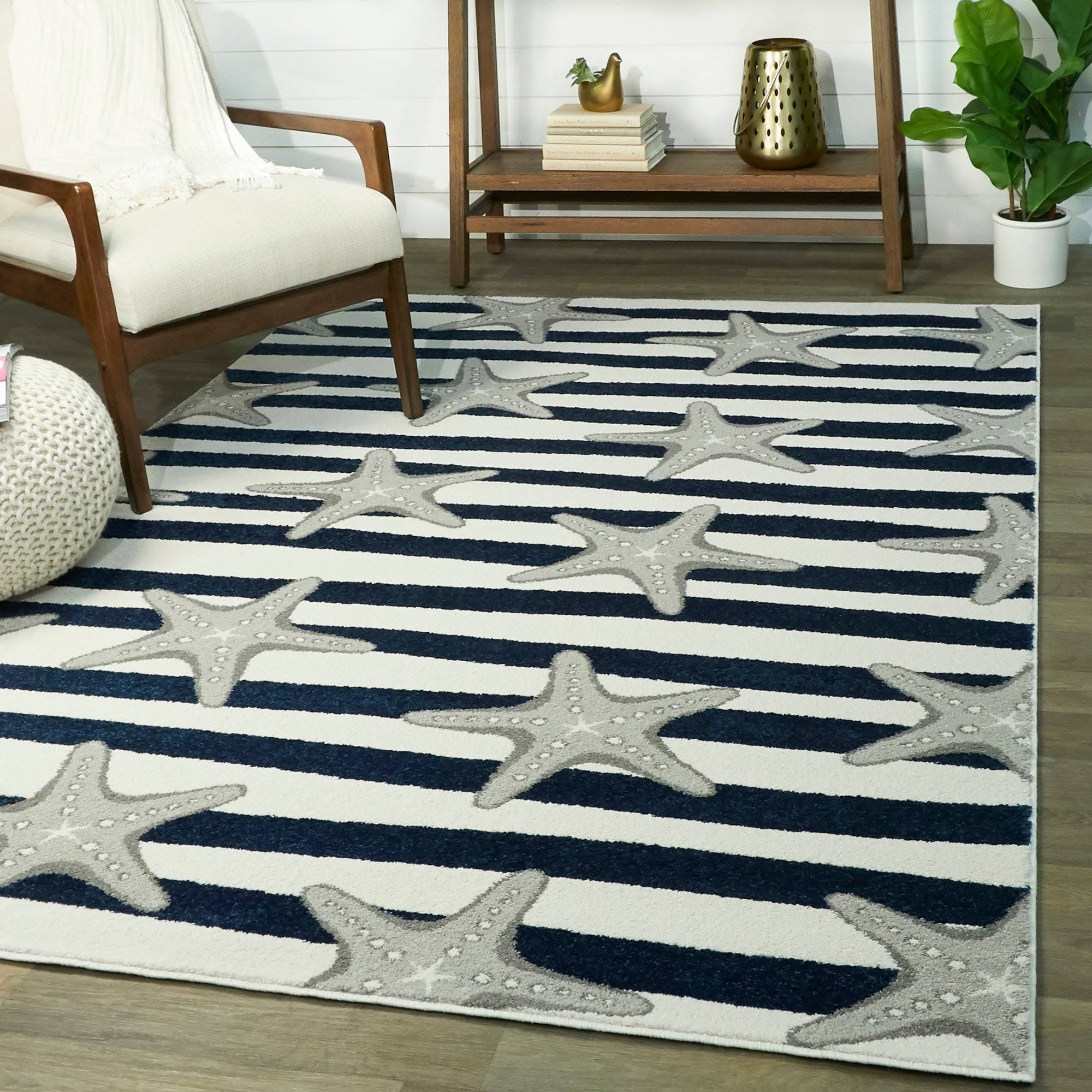 BALTA Sereia Starfish Print Striped Navy/Grey 5 ft. x 7 ft. Area Rug
