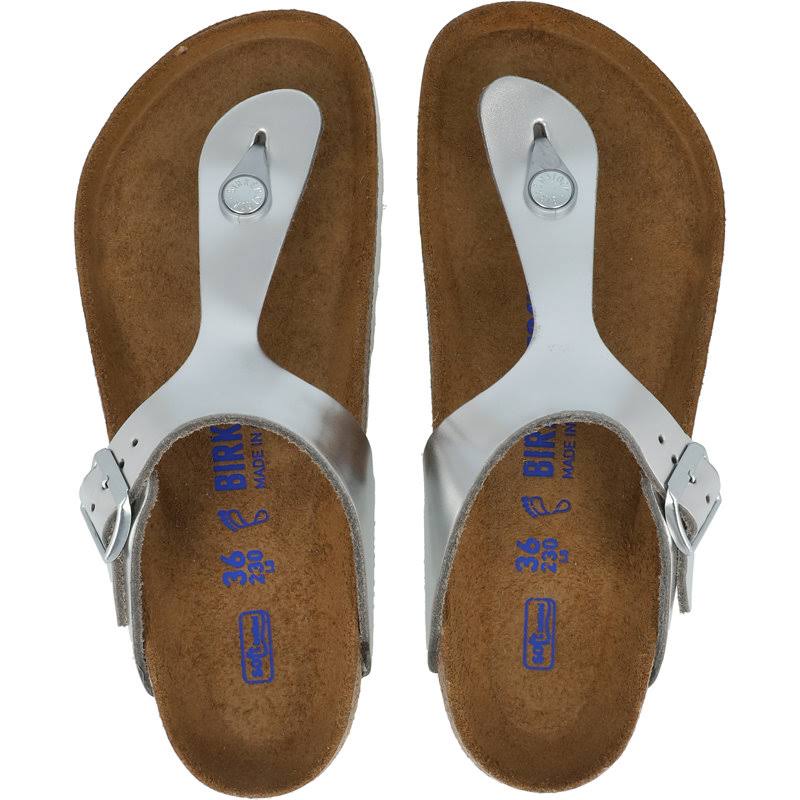 Birkenstock Gizeh Natural Leather Metallic Silver Thong Sandals