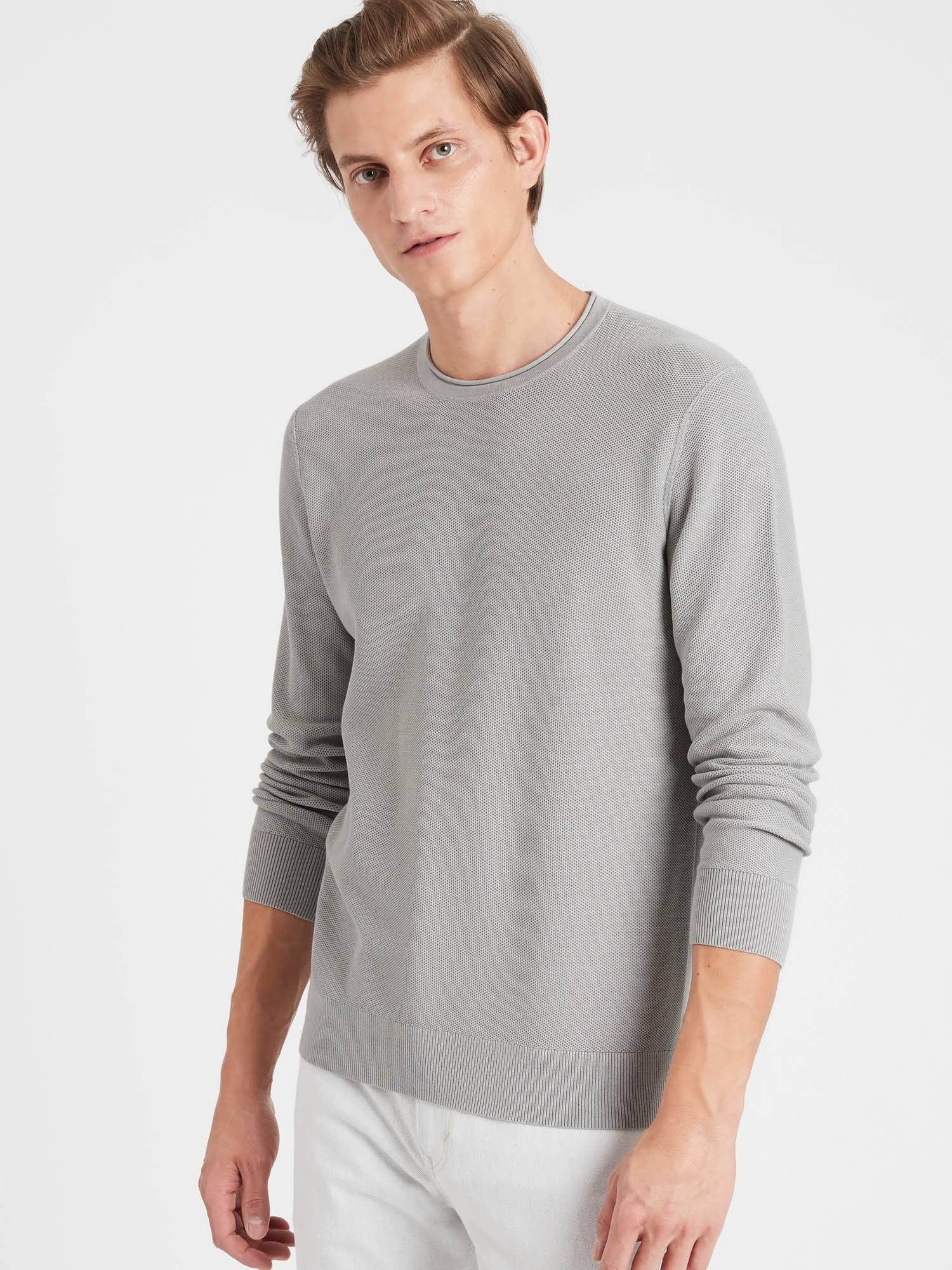 Banana Republic men's Cotton Waffle-Knit Sweater Sidewalk Gray Size L