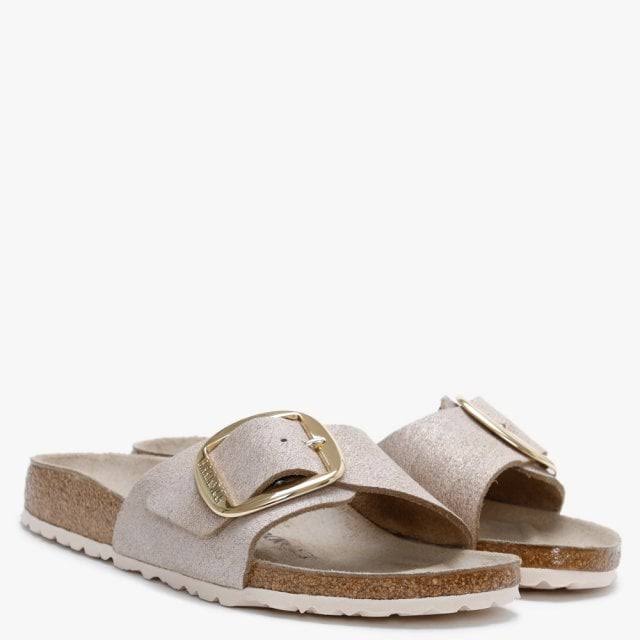 Birkenstock Madrid Big Buckle Washed Metallic Rose Gold Leather Mules