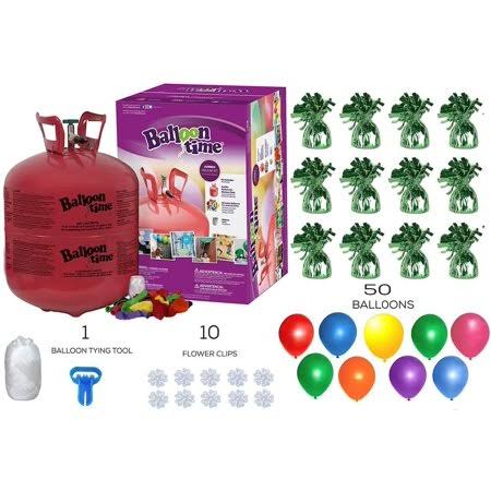 Helium Tank with 50 Balloons and White Ribbon + 12 Green Balloon Weights + 10 Flower Clips - Plus Balloon Tying Tool