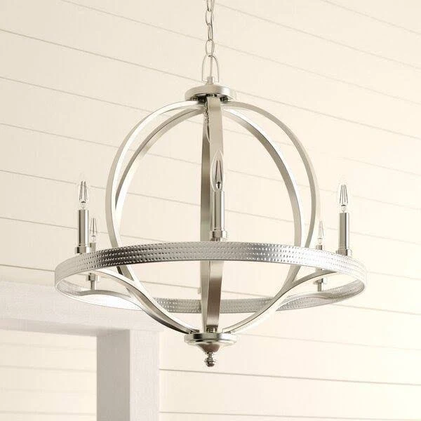Bender 6 - Light Candle Style Wagon Wheel Chandelier with Wood Accents - Polished Nickel