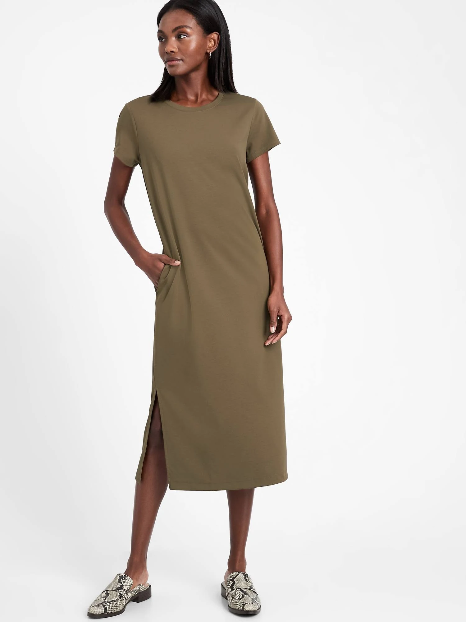 Banana Republic Women's T-Shirt Dress with Side Slits Heritage Olive Green Size Xs