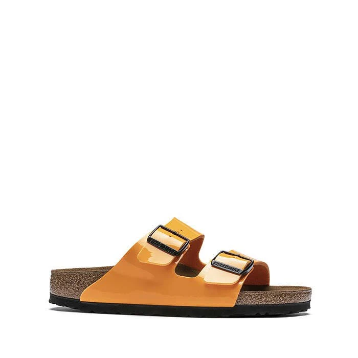Birkenstock Arizona Birko-Flor Patent Marygold Two-Strap Sandals