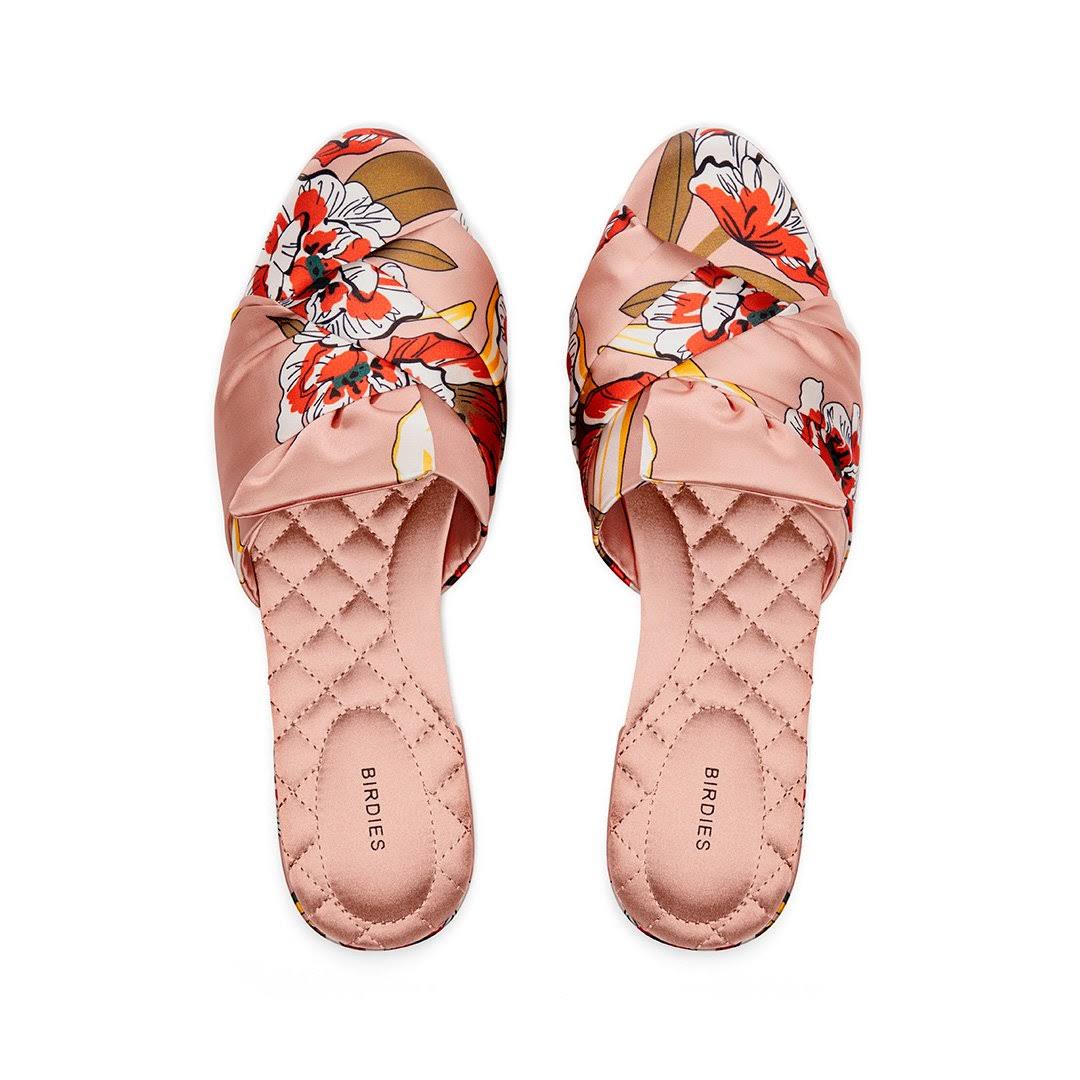 Birdies The Songbird - Peach Floral Mules, Size 6.5, Satin