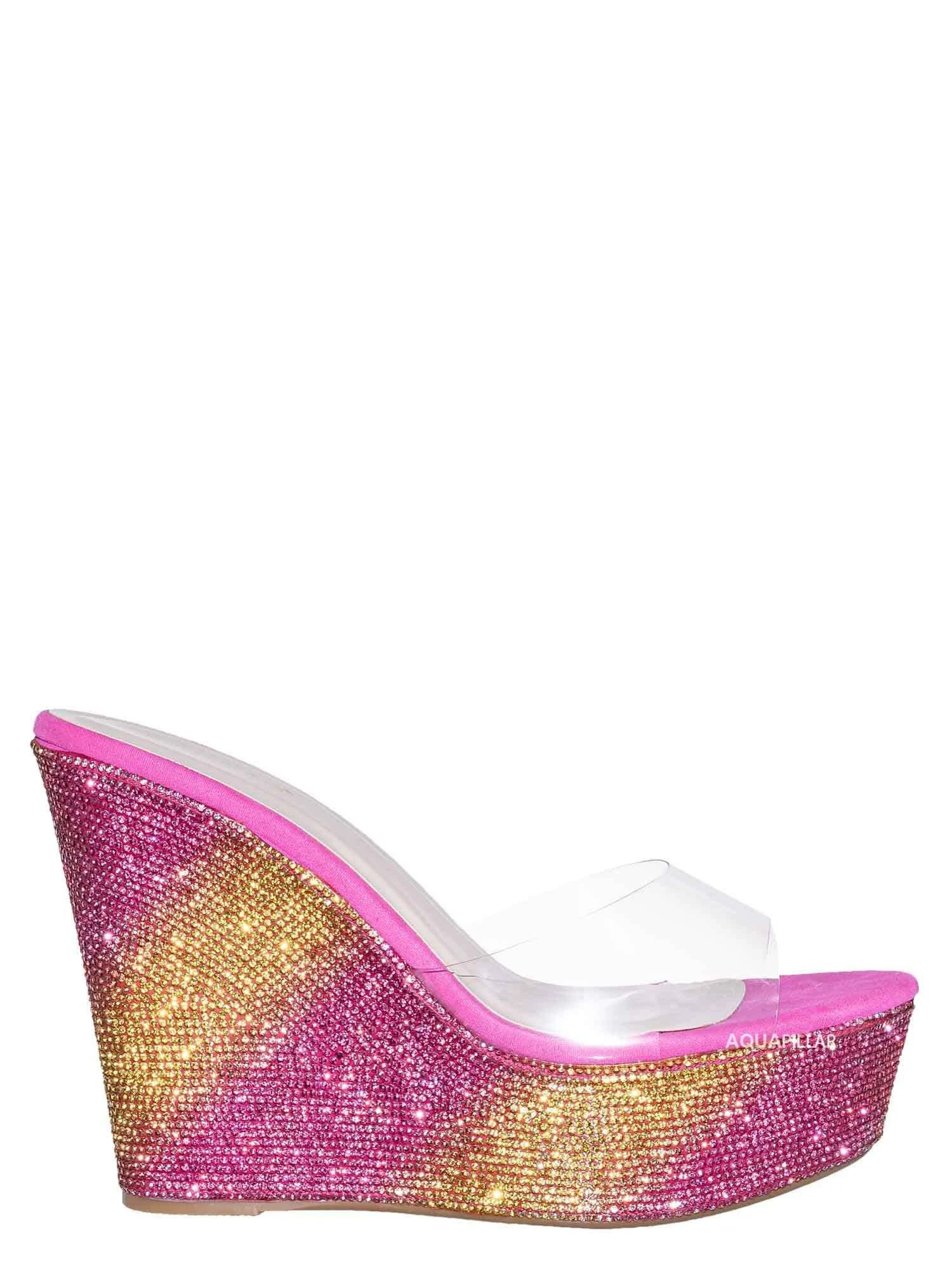 Bamboo Lucite Rhinestone Platform Wedge - Clear Transparent Slipper Sandal, Pink and Yellow