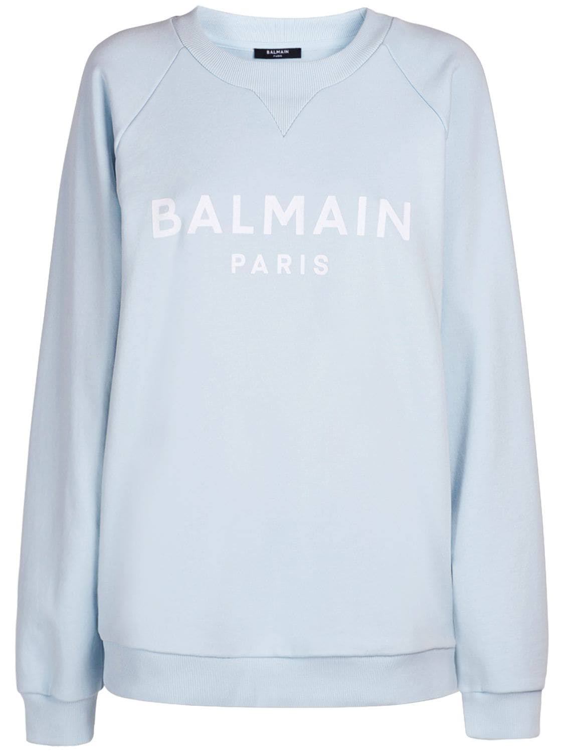 Balmain | Women Logo Printed Cotton Sweatshirt Light Blue/White M