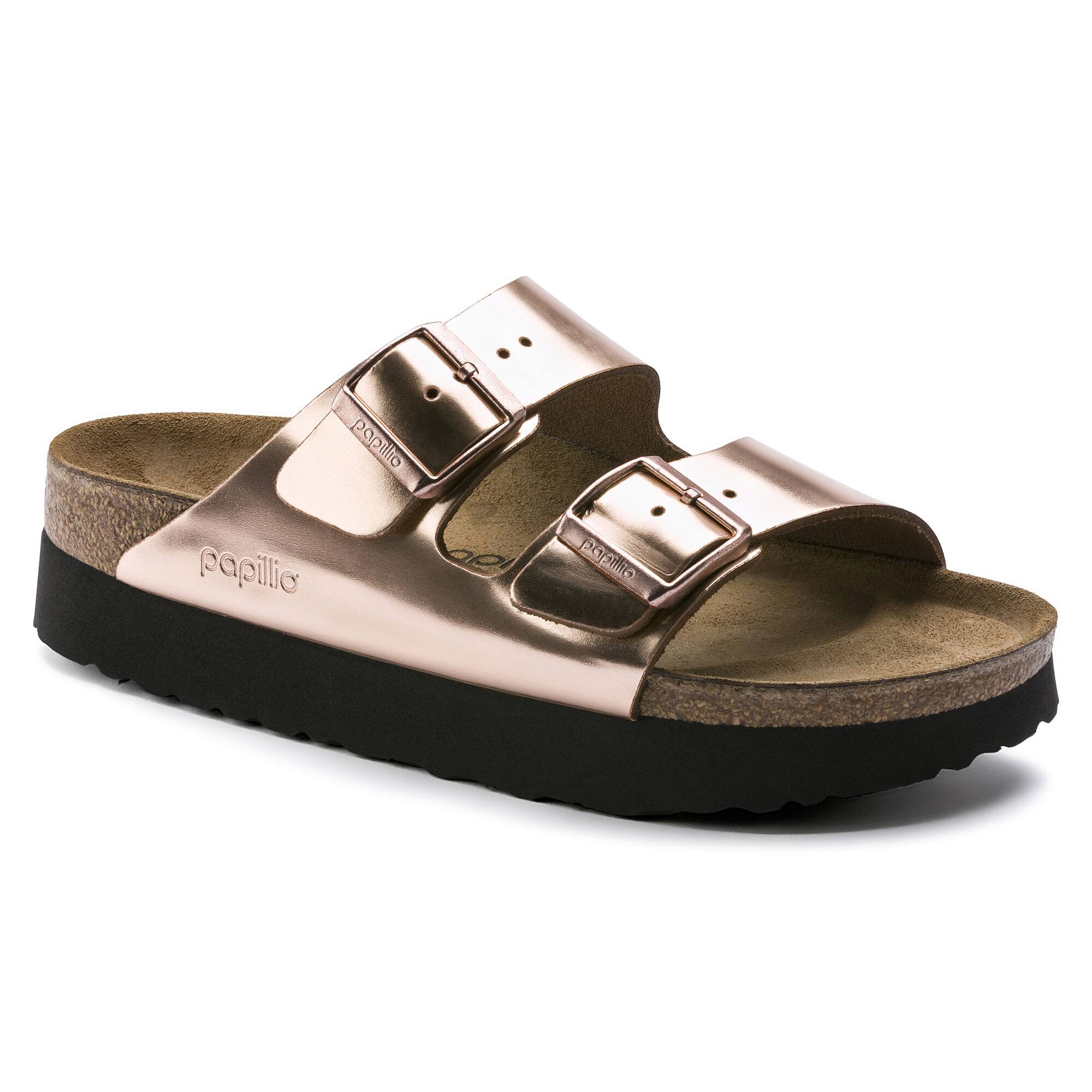 BIRKENSTOCK Arizona Natural Leather Metallic Copper Platform Two-Strap Sandals