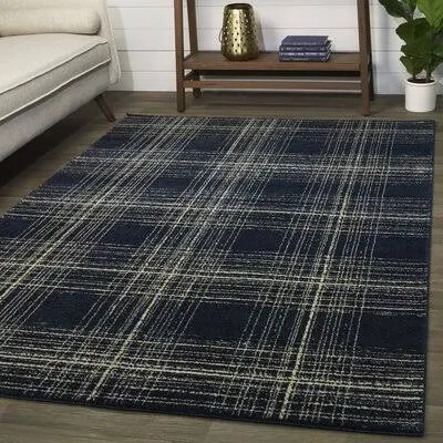 Balta Adler Navy 8 ft. x 10 ft. Distressed Plaid Area Rug, Blue