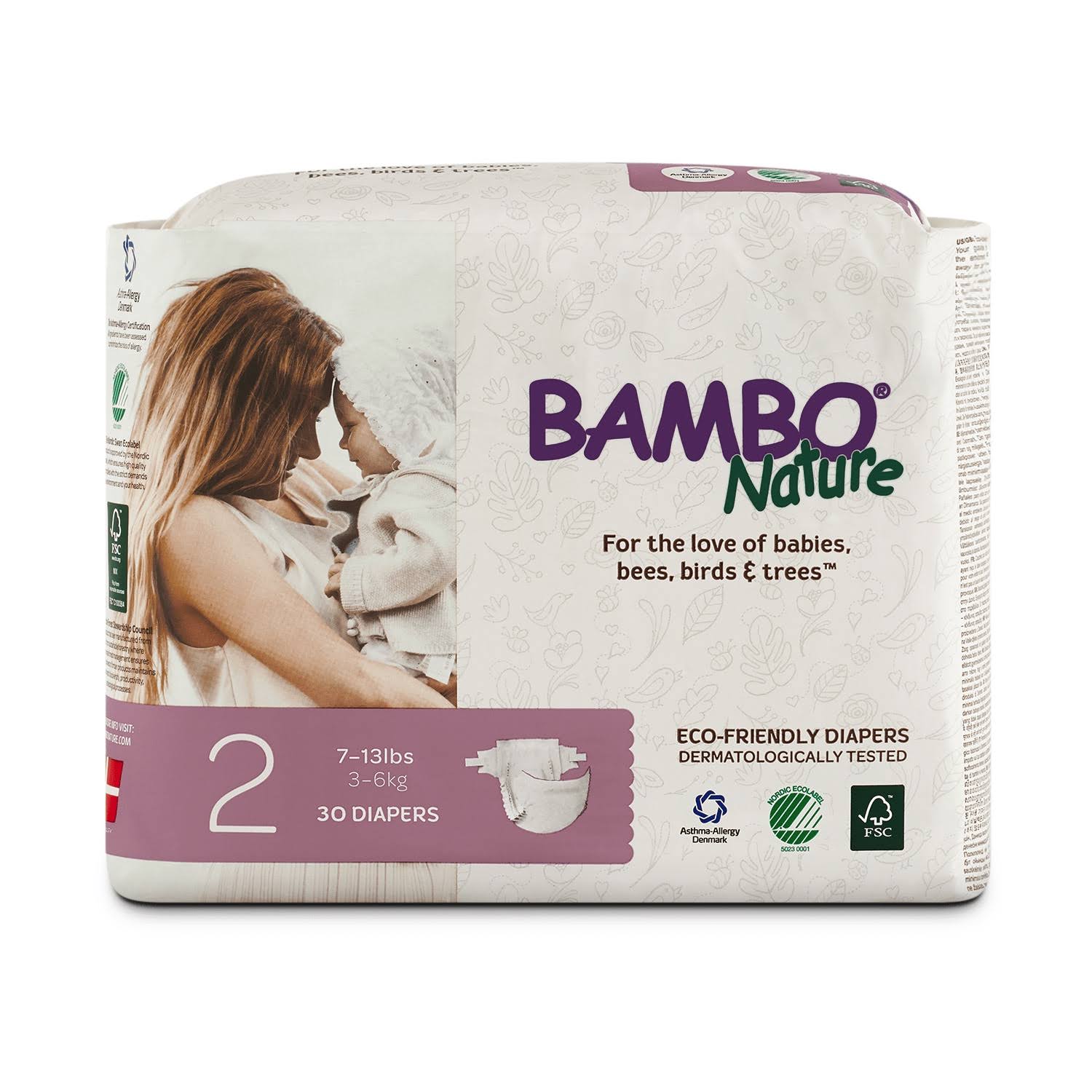 Bambo Nature Premium Baby Diapers, Size 2, 180 Count (6 Packs of 30), White