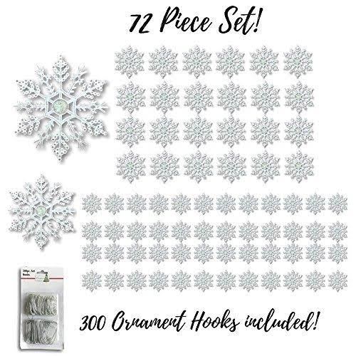 BANBERRY Designs Clear Glittered Snowflakes - Set of 72 Assorted Sized Shatterproof Christmas Snowflakes - 300 Ornament Hooks In