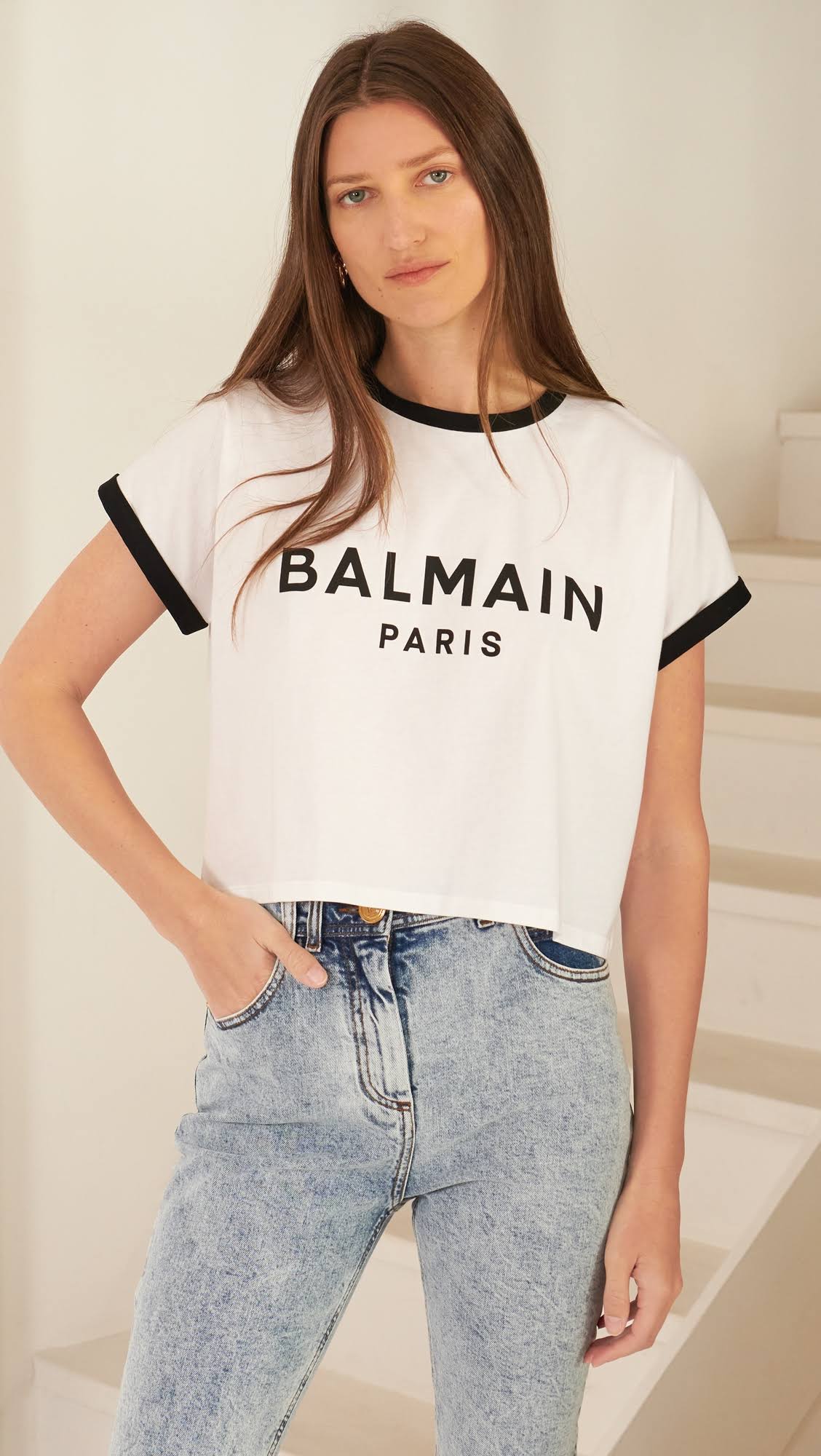 Balmain White & Black Cropped Flocked Logo T-Shirt