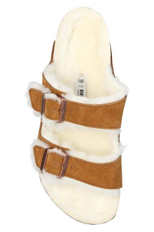 Birkenstock Arizona Suede Leather Mink Shearling Two-Strap Sandals
