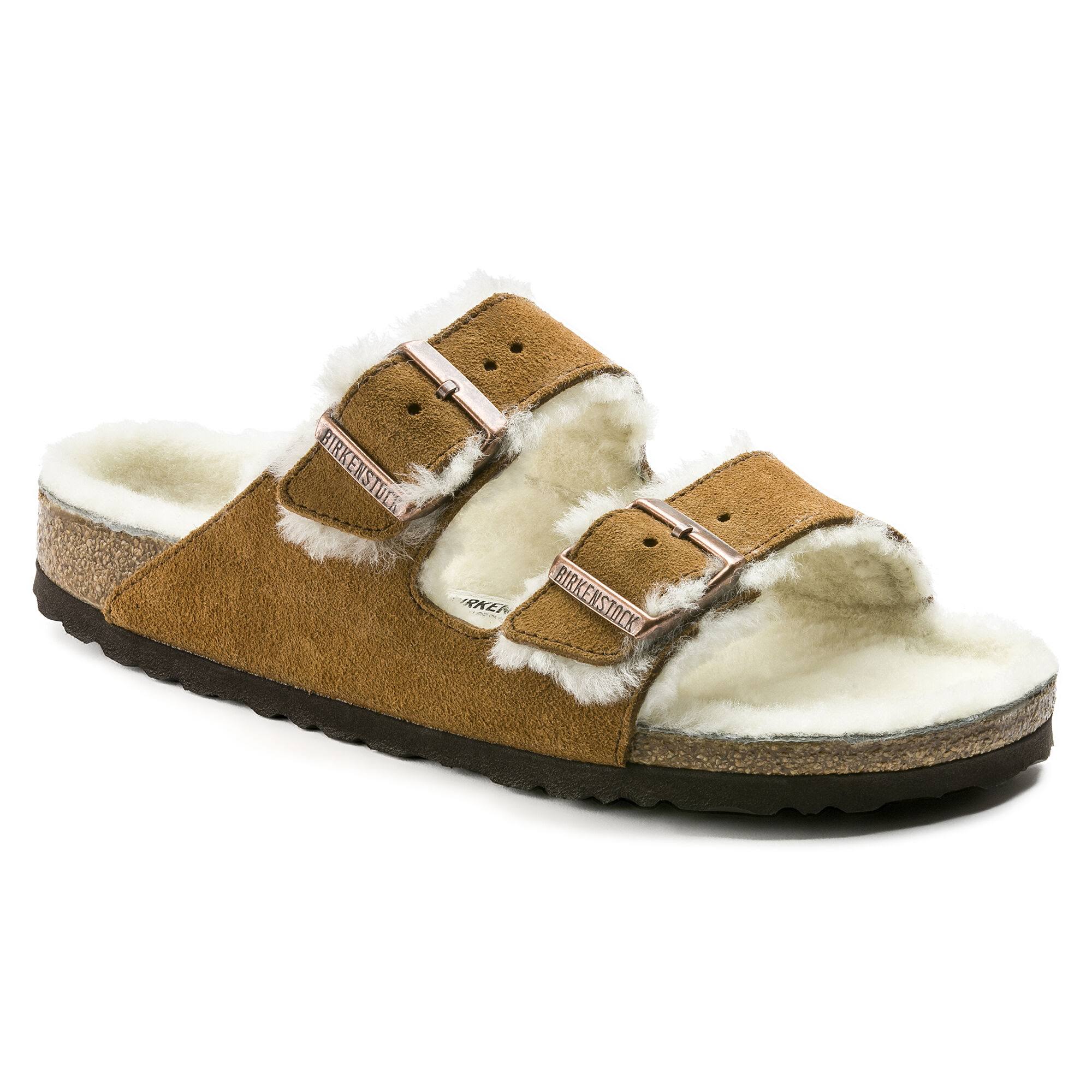 Birkenstock Arizona Suede Leather Mink Shearling Two-Strap Sandals