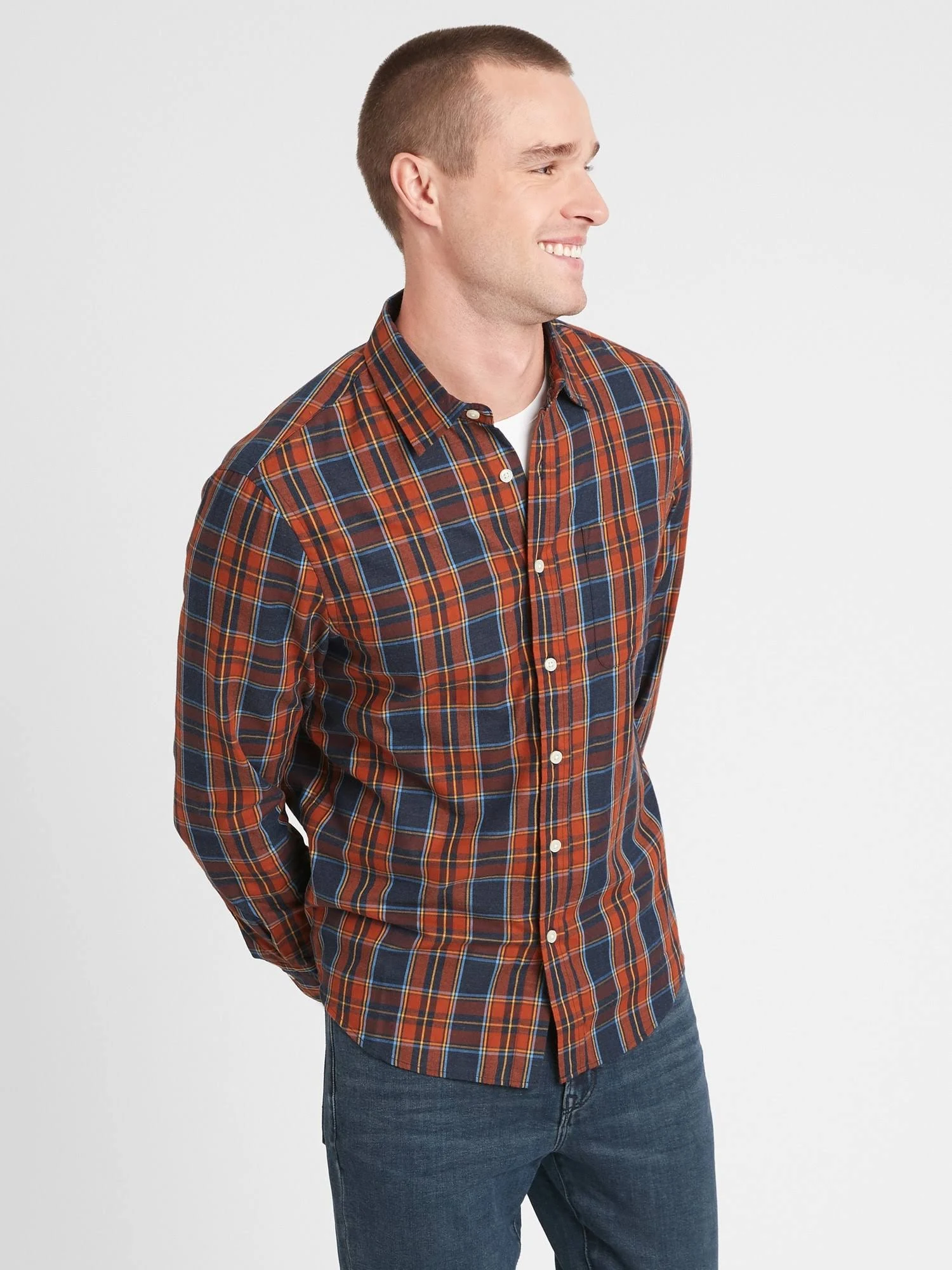Men's Slim-Fit Untucked Flannel Shirt Autumn Orange