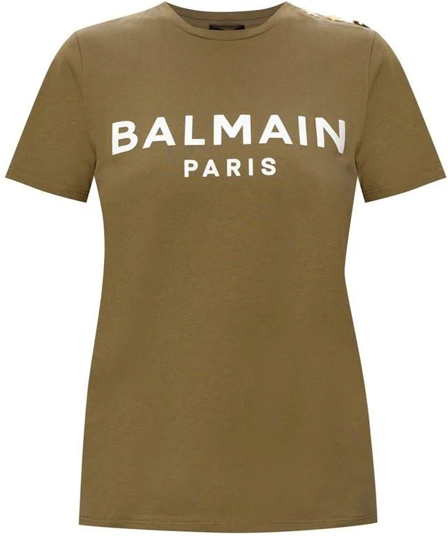 Balmain 3-Button Flocked Logo T-Shirt, Khaki, Women's, XL