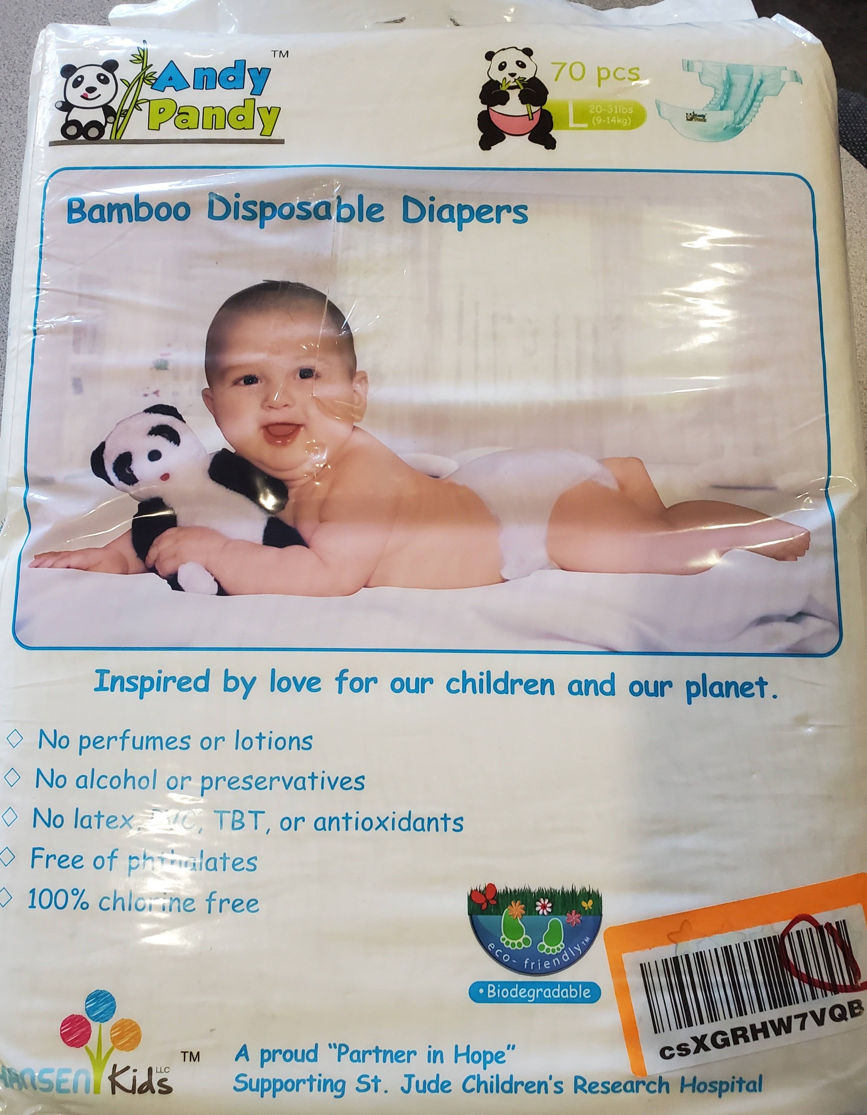 Eco Friendly Premium Bamboo Disposable Diapers by Andy Pandy - Large - for Babies Weighing 20-31 lbs - 70 Count