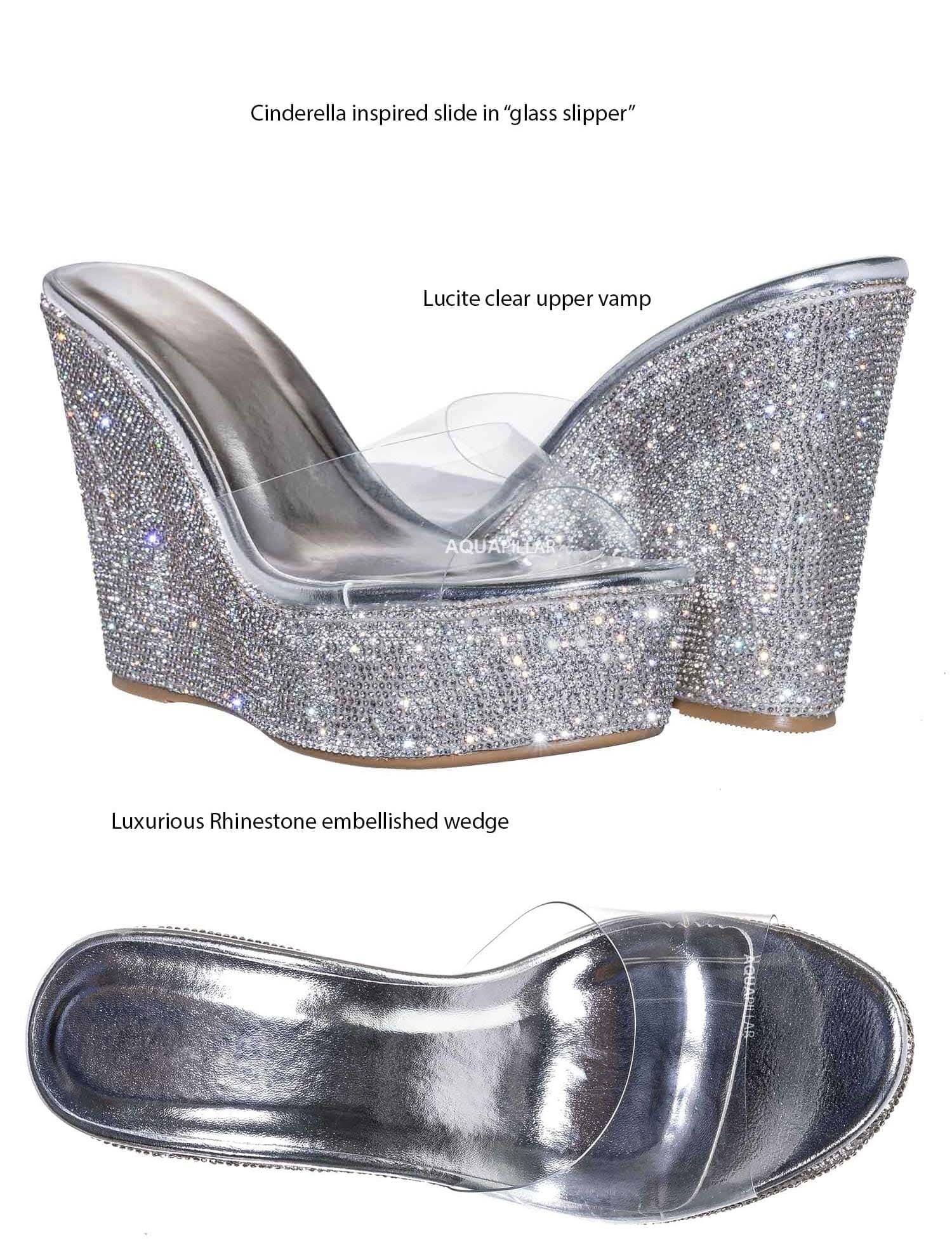 Bamboo Lucite Rhinestone Platform Wedge - Clear Transparent Slipper Sandal, Clear Silver