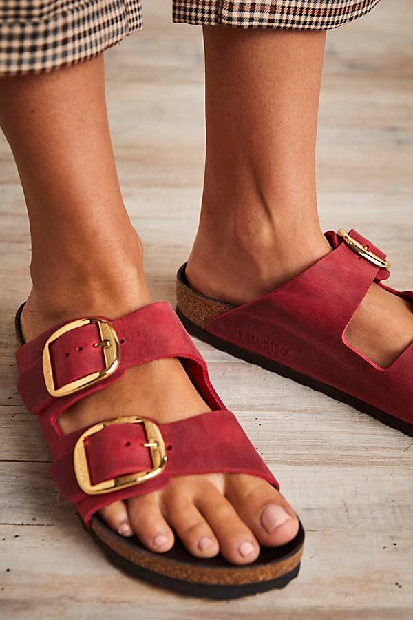 Arizona Big Buckle Birkenstock Sandals by Birkenstock at Free People in Fire Red Oiled Leather