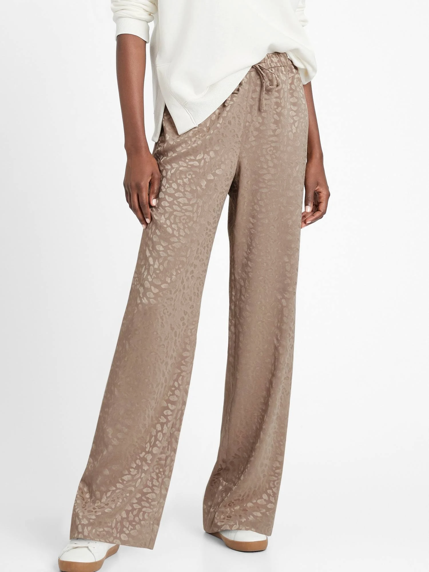 Banana Republic Women's Wide-Leg Satin Pull-On Pant Leopard Print Fresh Taupe Size L