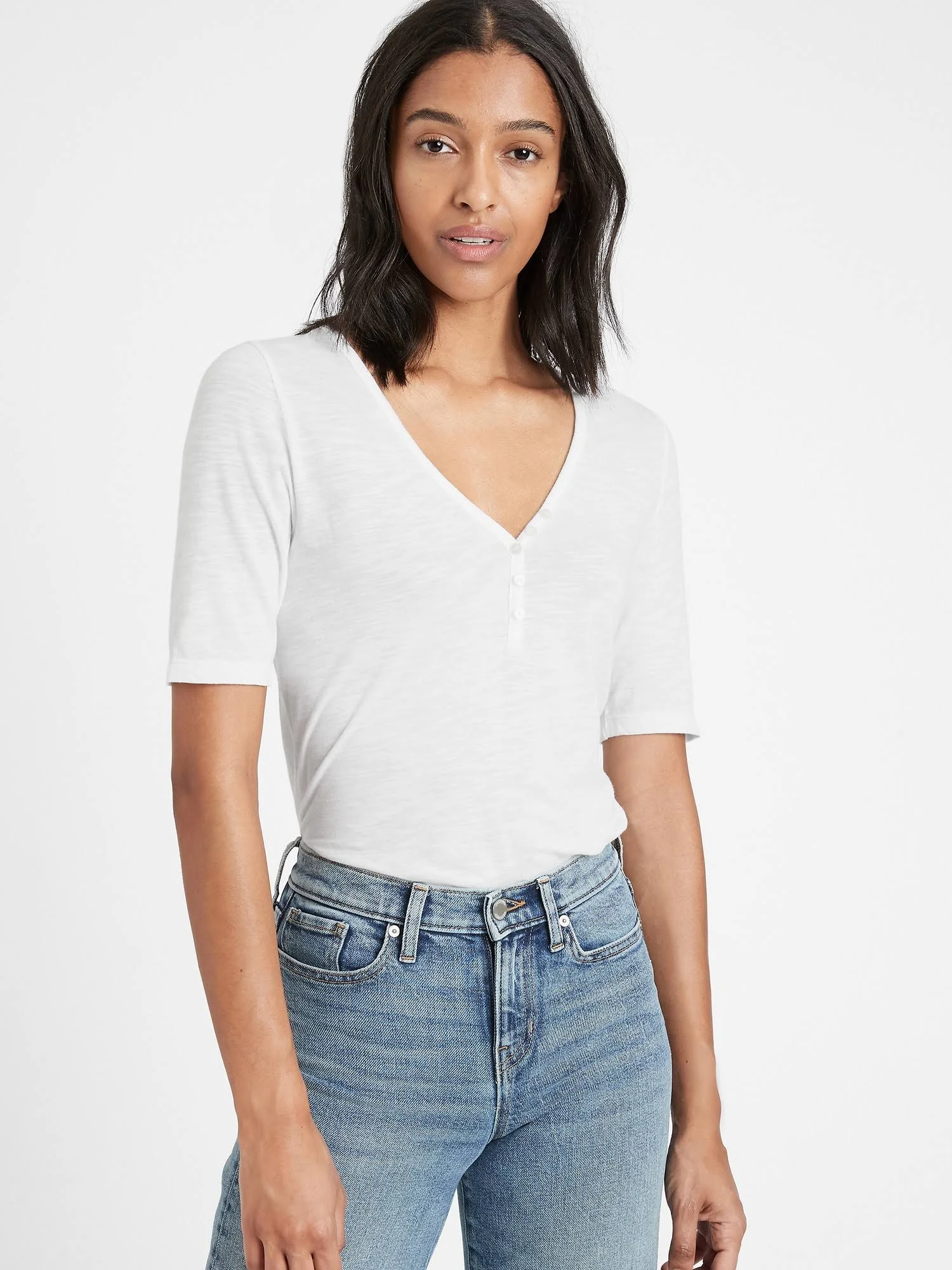 Banana Republic Women's Slub Cotton-Modal Henley T-Shirt White Size XXL