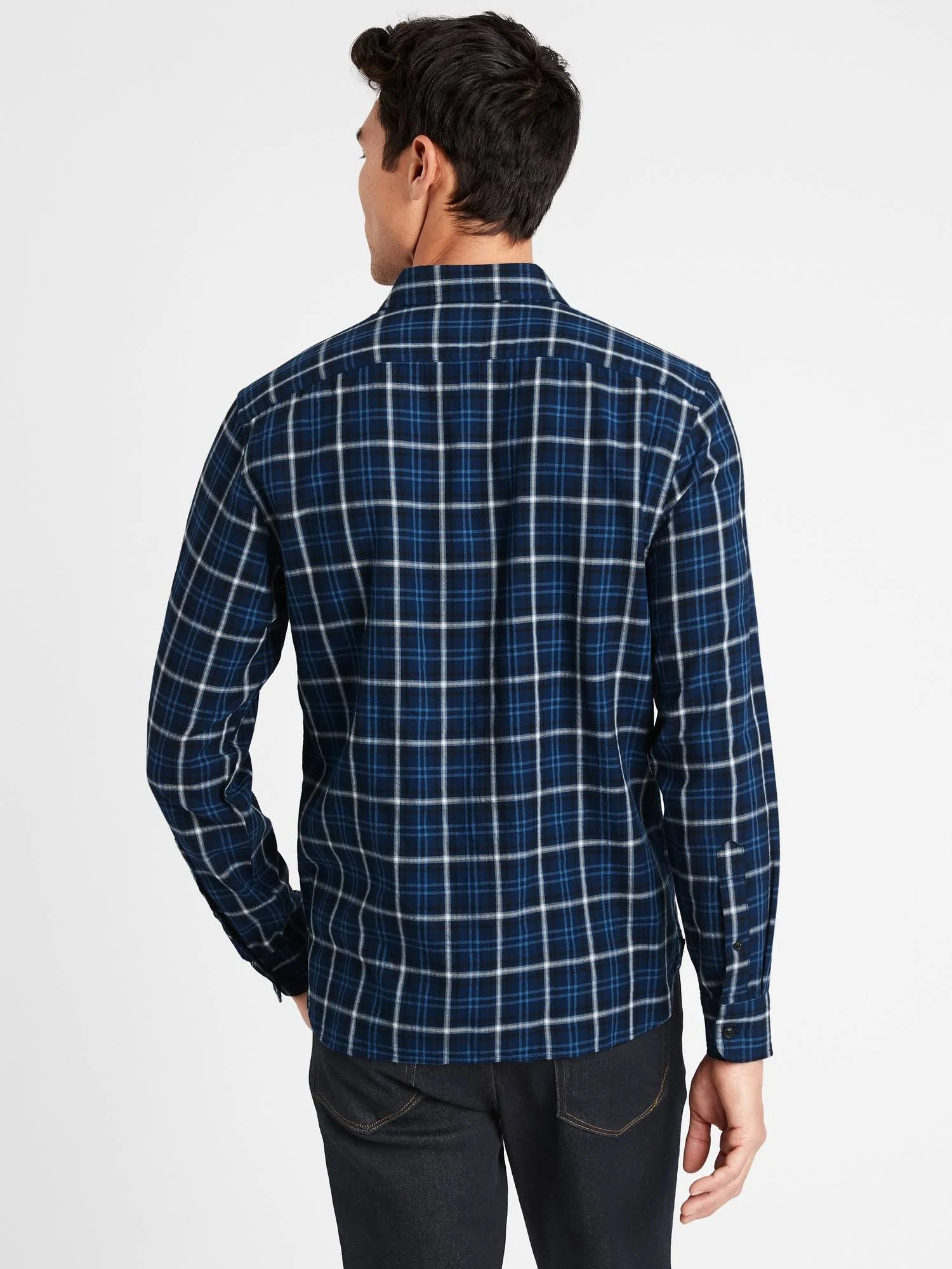 Banana Republic Men's Untucked Slim-Fit Crinkle Flannel Shirt Navy Plaid Tall Size L
