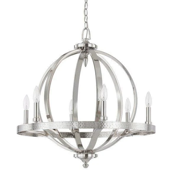 Bender 6 - Light Candle Style Wagon Wheel Chandelier with Wood Accents - Polished Nickel