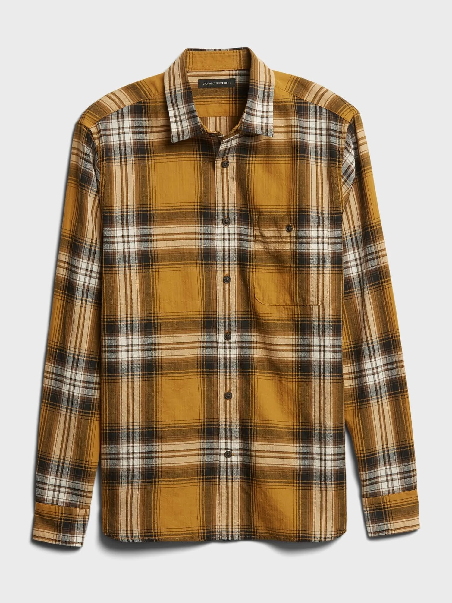 Banana Republic Men's Untucked Slim-Fit Crinkle Flannel Shirt Yellow Plaid Size S